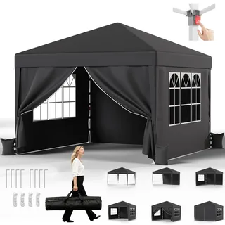 JUMMICO Pavillon 3x3 Wasserdicht Stabil Winterfest Höhe Verstellbar,Faltpavillon mit 4 Seitenwänden,Pavillion UV Schutz 50+,Gartenpavillon Faltzelt für Garten, Innenhof, Camping,Gazebo Grau