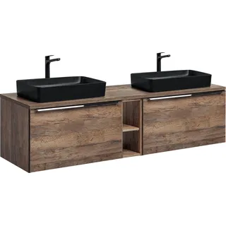 Badezimmerset 180 cm Eiche Vintage mit 2 schwarzen Slim-Waschtischen
