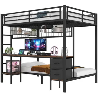 Beaok Hochbett 140/200 cm aus Metall in Schwarz – mit Schreibtisch und Stauraum , 140x200 cm , Babymöbel & Kindermöbel, Kinderzimmer & Jugendzimmer, Kinderbetten, Hochbetten
