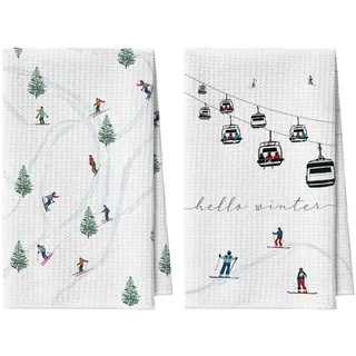 Artoid Mode Bäume Skiläufer Seilbahn Weihnachten Bar Küchentücher Geschirrtücher, 42x65 cm Mikrofaser Saugfähig Küchen Reinigung Deko 2er Set