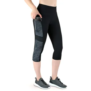 VS Sport-Leggin Damen Capri 3 4 mit 3 Seitentaschen für Handy, Schlüssel, Kreditkarte und Co. Fitness Sport Tights Schwarz Muster Yoga Hose Sporthose Jogging High Waist. Grey-Black-M