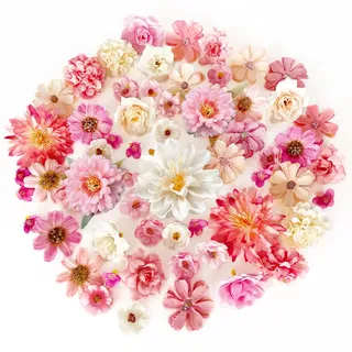 ROLLWAY 60 Stück Kunstblumen zum Basteln, Klein Fake Blumen Deko Rosa Weiß | 2~8cm Mini Blumen künstlich,18 Stile Dekoblumen Seidenblumen Artificial Flowers Blumenköpf Blumendeko für Hochzeit Tortendeko