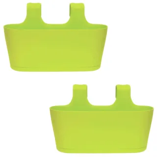 Engelland 2 x Blumenkasten zum Auf-Hängen, Farbe: Grün, Blumentopf, oval, Balkon, Übertopf, Pflanzkasten, mit Wasserspeicher/Wasserauffangschale