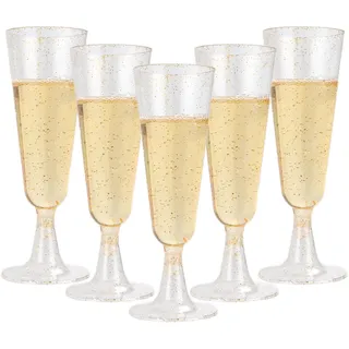 AKOLAFE 100 Stück Sektgläser Plastik 160ml Sektgläser Kunststoff Mehrweg Sektglas Gold BPA-frei Sektglas Stapelbare Champagnergläser mit Pailletten für Hochzeiten, Geburtstage, Party