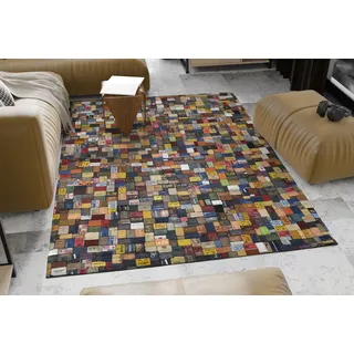Lederteppich OCI DIE TEPPICHMARKE "Labelstar" Gr. 1, bunt, B:70cm H:10mm L:140cm, Leder, Teppiche, Lederteppich, echtes Leder, UNIKAT, handgenäht, Patchwork aus Leder Jeanslabel