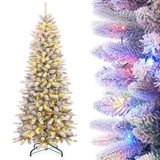 Yorbay Künstlicher Weihnachtsbaum Slim mit Beleuchtung LED Tannenbaum für Weihnachten-Dekoration, Schneebeflockt, Schmal, Weiß (Aufrüstungsmodell 180 cm)