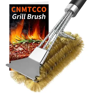 CNMTCCO Grillbürste Messing, 3-in-1 Grill Messingbürste mit Messing Borsten, Schaber & Extra Langem Griff, für Gasgrill, Holzkohlegrill & Elektrogrill, Effektiver Grillreiniger ohne Kratzer