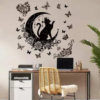 FUFUQUARE Wandtattoo Leuchtend im Dunkeln Katze Mond Wandaufkleber Schwarz Rosen Schmetterlinge Nachtleuchtende Wandsticker Selbstklebend für Wohnzimmer Schlafzimmer Mädchen Zimmer Wanddeko