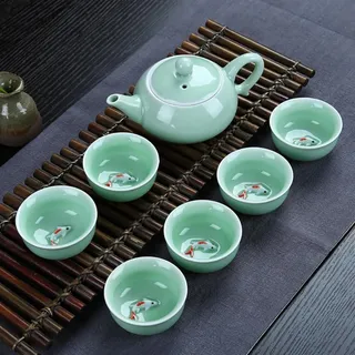 HGDESIGN Porzellan Teeset mit Teekanne und 6 Teetassen, Buntes Eisrissglasur Porzellanteeset, mit Fish Design, Topfbecher, Chinesisch Japanisch Kong Fu Teeservice Asiatisch Teekanne Set (B)