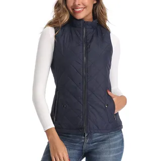 LONGKING Damen Weste Leicht Stehkragen Weste Steppweste mit Reißverschluss Ärmellose Oberteile Tops Coat Jacke Outdoor Blau M