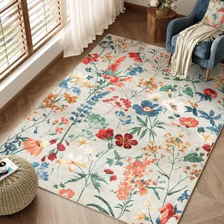 Beige Waschbarer Teppich Blumenmuster 120x170cm Blumen Boho Neutral Modern Rugs for Living Room Weich rutschfest Groß Tepich Kurzflor Schlafzimmer Carpet Esszimmer Bedroom Teppiche Büro