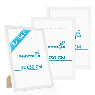 PHOTOLINI Bilderrahmen 20x30 Weiß MDF-Holz, 3er Set Poster-Bilderrahmen 30x20 cm, bruchsicheres Acrylglas, zum Aufhängen & Aufstellen, extra Zubehör - für Fotos & Poster