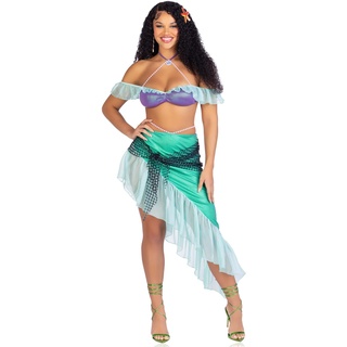 LEG AVENUE 3 PC Spellbound Mermaid, includes pearl halter iridescent bra top with chiffon ruffle sleeve, asymmetrical skirt with pearl waist tie and iridescent net wrap, and sea star hair clip