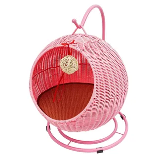 Katzenbett - Hängesessel/Schaukelbett - Handgeflochtene PP-Rattanoptik - Freistehend - Abnehmbar - Mit Kühlmatte - Rosa - Rosa
