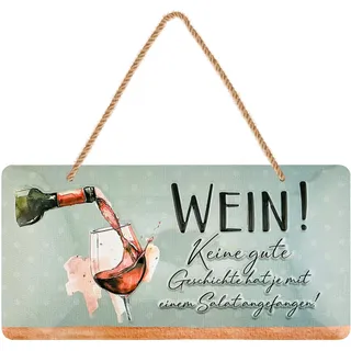 LANOLU Retro Blechschilder Sprüche lustig - WEIN! Keine gute Geschichte hat je mit einem Salat angefangen! - Vintage Metallschild mit Spruch - Küchenbild und Shabby Chic Wanddeko Küche 16x32cm