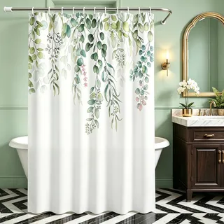 Lerores Duschvorhang 240x200 cm,Grün Blätter Antischimmel Textil,Wasserabweisend,Waschbar Polyester Stoff Badevorhänge mit 16 Ösen und Duschvorhangringe für Badezimmer,Badewanne