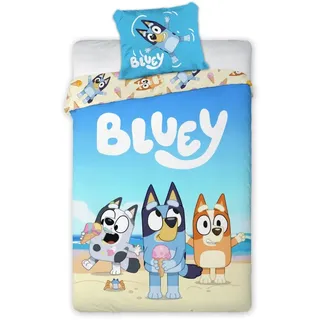 BrandMac Bluey Strand Babybettwäsche 100x135 + Kissenbezug 40x60 Bingo Muffin Junge | Baby-Bettwäsche | Naturbaumwolle weich atmungsaktiv Oeko-Tex | Sand und goldene Wellen | Offizielle Lizenz | Kinderbett