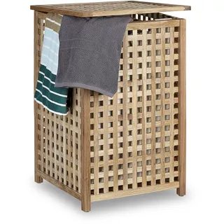 Relaxdays Wäschesammler mit Deckel, 75 L Stoff-Wäschesack, natur | Walnussholz, HBT: 67,5x45,7x45,7 cm, Wäschesortierer