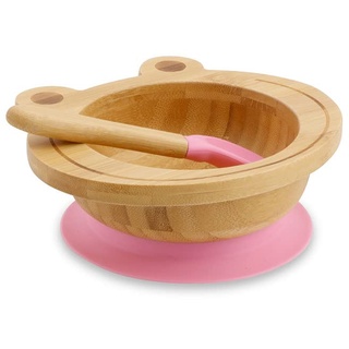 GREENBOX Bambusschalen-Set Frosch I Saugnapf-Schüssel mit Löffel - FSC-zertifiziert I tolles Bambus Holz-Schüssel-Set f. Kinder - Baby-Brei-Schüssel & Müslischale I Baby Bambus-Geschirr pink