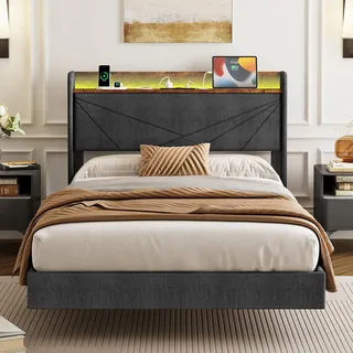 IRONCK Polsterbett 120x200 cm, Schwebebett mit LED-Beleuchtung und Steckdose(1 USB+1 Typ-C-Anschlusse), Bett 120x200 mit Stauraum, Einzelbett mit Lattenrost, Leinen, Grau