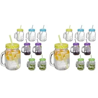 Relaxdays Trinkgläser mit Deckel und Strohhalm, 8er Set Limonadengläser, 400 ml, Retro Sommergläser mit Henkel, bunt, 19 x 11 x 8 cm (Packung mit 2)