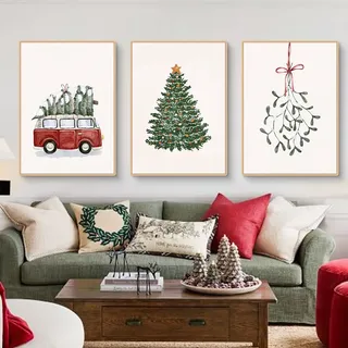 Herfair Wandbilder Wohnzimmer, Weihnachten Deko Poster 3er Set, Weihnachtsbaum Leinwand Bilder, Weihnachtsbilder Weihnachtsposter, Ohne Rahmen (21 x 30 cm)