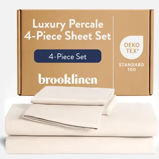 Brooklinen Luxuriöses Perkal-Bettlaken-Set, 100% Baumwolle, Queen-Size-Größe, cremefarben, 1 Spannbetttuch, 1 Bettlaken, 2 Kissenbezüge, Beste Bettlaken für heiße Schläfer