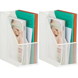 Relaxdays Stehsammler Metall, 2 Fächer, DIN A4, H x B x T: 31,5 x 14,5 x 25 cm, Stabiler Stehordner, Mesh Design, weiß (Packung mit 2)