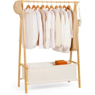 Relquorax Kleiderständer Bambus, Garderobenständer offener Kleiderschrank mit Aufbewahrungstasche Kleiderstange Haken, stabil für Schlafzimmer Flur (L)