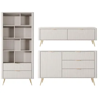 Feldmann-Wohnen Wohnwand Lante beige 3-teilig , Holz , 11 Fächer , 5 Schubladen , Rechteckig , 389x164x38 cm , Wohnzimmer, Wohnwände