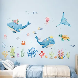 Wandtattoo Unter dem Meer Meerestiere-Wandaufkleber Wasserfest Abnehmbares Unterwasser Wandtattoo Wal Schildkröte Seegras Korallen Wanddeko Für Babyzimmer Kinderzimmer Bad Fenster Fliesen,Blau