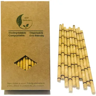 100 Stück Gelber Bambus Papier Strohhalme, 19,7 x 0,6 cm, Biologisch Abbaubar Yellow Bamboo Trinkhalme Einweg Mit Recycelter Verpackung für Getränke, Partys, Bars, Restaurants