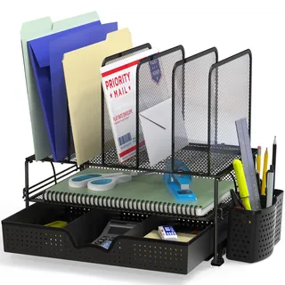 Simple Houseware Schreibtisch-Organizer aus Netzstoff mit ausziehbarer Schublade, Doppelablage und 5 aufrechten Abschnitten, Schwarz