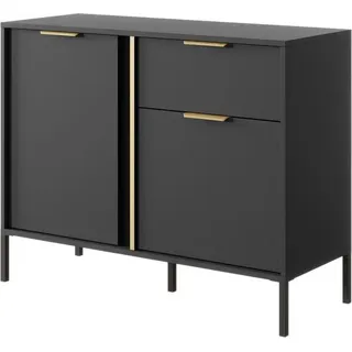 Bettso Klein Kommode Sideboard mit Goldene Griffe 2 Türen und Schubladen LARS 103 cm Schwarz Anthrazit - Schwarz