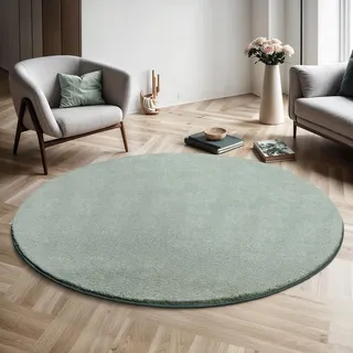 Mia's Teppiche Comfort Moderner Flauschiger Kurzflor Teppich, Anti-Rutsch Unterseite, Waschbar bis 30 Grad, Super Soft, Felloptik, Grün, 200 cm Rund