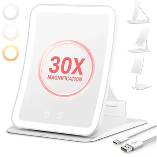 Auxmir 30X Kosmetikspiegel mit Beleuchtung, 2000mAh Aufladbar Schminkspiegel mit 3 Lichtfarben, Faltbar 30fach Vergrößerungsspiegel mit Licht, LED Spiegel Reisespiegel Tischspiegel für Zuhause Reise