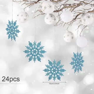 24 x Schneeflocken Weihnachten Deko für Weihnachtsbaum Glitzer Weihnachtsbaumschmuck, hellblau, Kunststoff - Hellblau