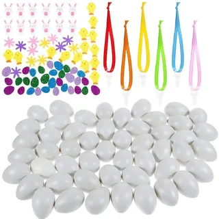 Faburo Ostereier zum Aufhängen, 50 Stück Ostern Deko Ostereier, Ostereier Plastik Set mit Kunststoffeier Schaumstoff Sticker Seidenbänder, Ostern Basteln Eier zum Bemalen für Dekoration und Geschenk