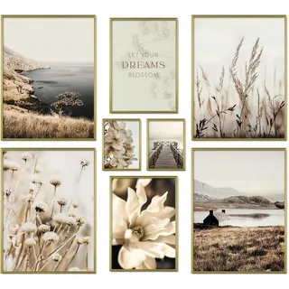 ARTFAVES® Poster Set - BEIGE VINTAGE NATURE - mehrteilige Wanddeko Wohnzimmer & Schlafzimmer - 8 moderne Wandbilder Natur, Blüte, Pflanzen, beige, See - ohne Bilderrahmen