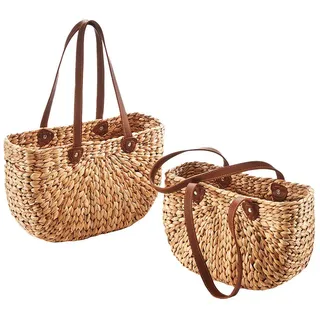 Kobolo Tasche Set aus Wasserhyazinthe Kunstledergriffen - zwei Größen Korbtaschen Taschen Korbtasche Henkeltasche Damentasche Einkaufstasche Körbe - Braun