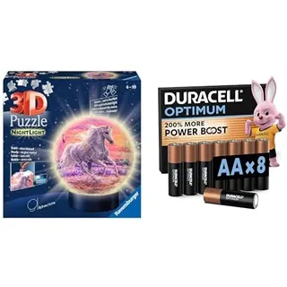 Ravensburger 3D Puzzle-Ball Pferde LED Nachtlicht, 6+ Jahre, & Duracell Optimum AA 8 Stück, Power Boost