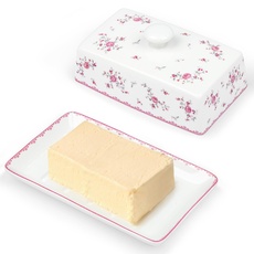 fanquare Rosa Blumen Keramik Butterdose mit Deckel und Griff für 250 g Butter, Groß Butterschale Porzellan, Hochwertige Butterbehälter