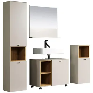 trendteam smart living Sao Paulo Badmöbel-Set Kashmir (Beige)/Evoke Eiche Hochschrank Waschbeckenunterschrank mit Rollen Wandspiegel Badschrank 180 x 186 x 42 cm Soft-Close-Funktion