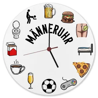 speecheese Wanduhr aus Alu lustige Uhr für Männer mit Männeraktivitäten | wie Rauchen, Sex, Bier, Fußball und vielen weiteren Klischees
