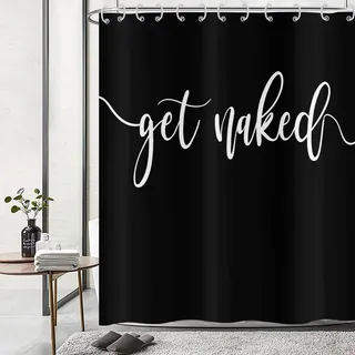 Hnmdmyi Duschvorhang Schwarz 90x180, Weiß Art Font Words Get Naked Duschvorhänge Funny Quotes Schöne und Coole Badewanne Vorhang Wasserdicht Polyester Stoff Waschbar Badevorhang mit Haken