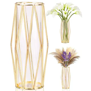 Gold Vasen Deko für Pampasgras - Skandinavische Hochbodenvase mit Metallgestell für Hochzeitsmittelpunkt oder Schreibtischbüro, 28cm hoch