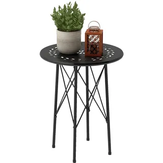 Outsunny Gartentisch Ø40 x 50cm, Wetterfest Balkontisch aus Stahl, Beistelltisch mit Blumendesign Schutzfüße, Rund Esstisch Outdoor, Campingtisch Terrassentisch für Garten Terrasse Balkon Schwarz