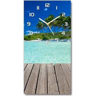 Wanduhr aus Glas – 30x60 cm - Glasbild - Glasuhr - Gehärtetes Glas -Tropischer Strand - Blau