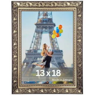 Victor Bilderrahmen Vinci - 13x18cm - Schwarz Gold - Vintage Barock - verzierte Leiste 22x20mm - bruchsicheres Acrylglas - MDF-Rückseite - für Hoch- und Querformat - Made in Europe