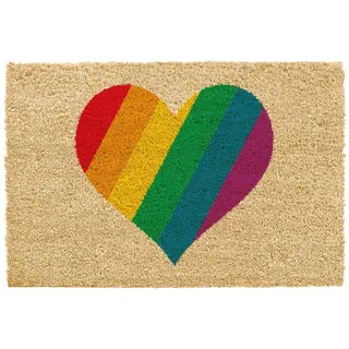 CKB LTD Regenbogen-Herzform-Fußmatte, einzigartige Vorder- und Rückseitenschutz, rutschfeste PVC-Unterseite, bunt – natürliche Kokosfaser – für drinnen und draußen